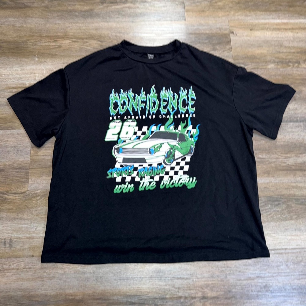 SHEIN Black Coolane Bikercore Car Letter Graphic Drop Shoulder Shirt Womens S